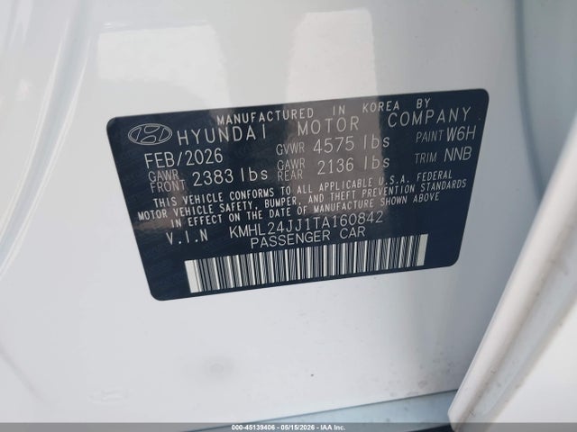 45139406 :رقم المزاد ، KMHL24JJ1TA160842 vin ، 2026 Hyundai Sonata Hybrid Blue مزاد بيع