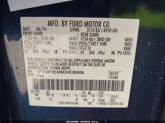 Aukcja sprzedaży 2014 Ford F-150 Xl, vin: 1FTMF1EM6EKE26806, numer aukcji: 45139409