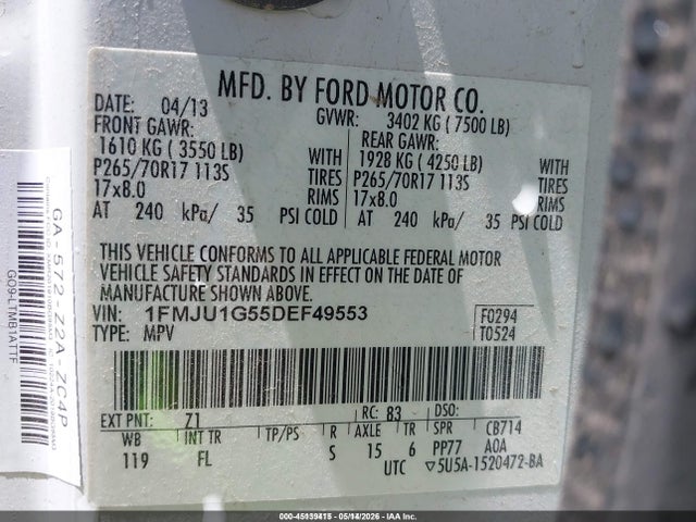 2013 Ford Expedition Xl მანქანა იყიდება აუქციონზე, vin: 1FMJU1G55DEF49553, აუქციონის ნომერი: 45139415