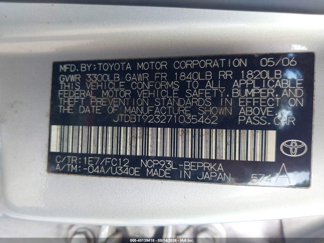 2007 Toyota Yaris S მანქანა იყიდება აუქციონზე, vin: JTDBT923271035462, აუქციონის ნომერი: 45139418