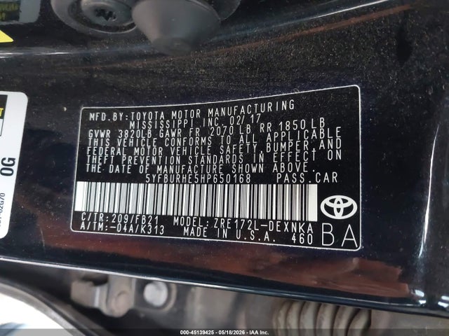 Продажа на аукционе авто 2017 Toyota Corolla Le, vin: 5YFBURHE5HP650168, номер лота: 45139425