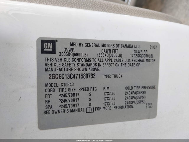 Продаж на аукціоні авто 2007 Chevrolet Silverado 1500 Lt1, vin: 2GCEC13C471580733, номер лоту: 45139427