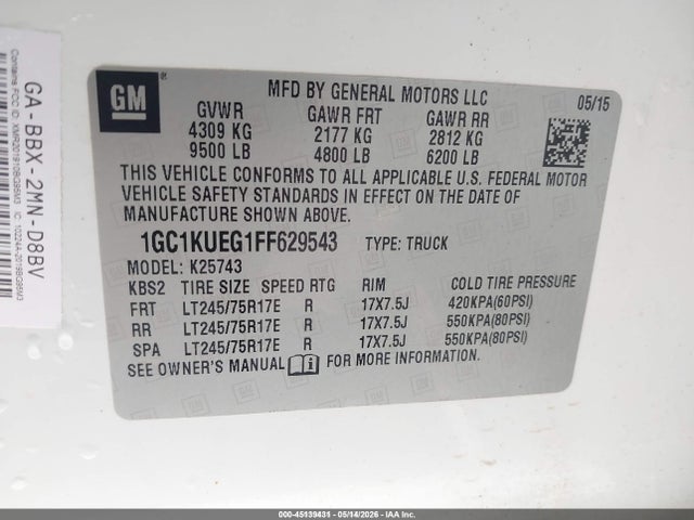 Aukcja sprzedaży 2015 Chevrolet Silverado 2500hd Wt, vin: 1GC1KUEG1FF629543, numer aukcji: 45139431