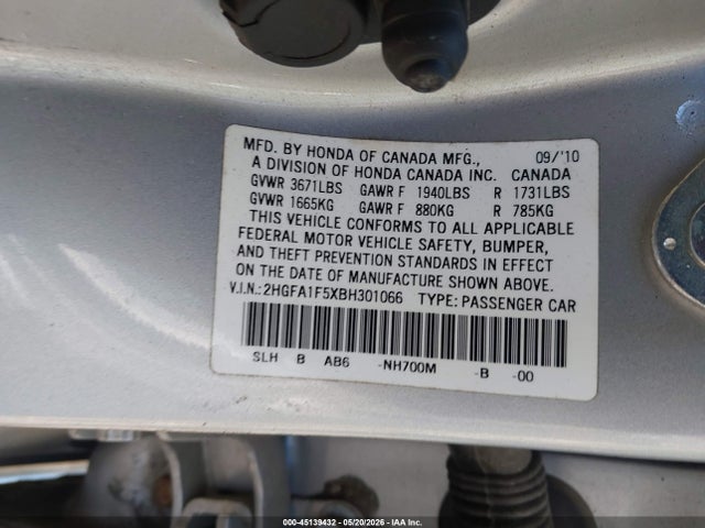 2011 Honda Civic Lx მანქანა იყიდება აუქციონზე, vin: 2HGFA1F5XBH301066, აუქციონის ნომერი: 45139432