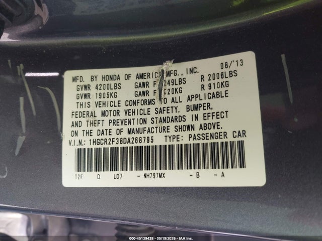 Aukcja sprzedaży 2013 Honda Accord Lx, vin: 1HGCR2F38DA268795, numer aukcji: 45139438