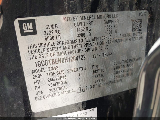 Aukcja sprzedaży 2017 Chevrolet Colorado Wt, vin: 1GCGTBEN0H1264122, numer aukcji: 45139442