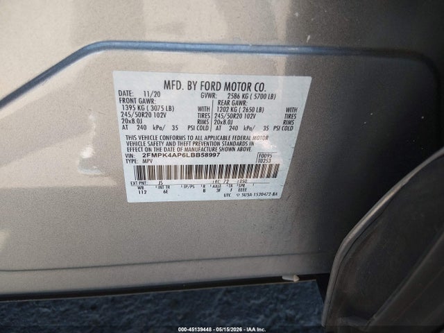 45139448 :رقم المزاد ، 2FMPK4AP6LBB58997 vin ، 2020 Ford Edge St مزاد بيع