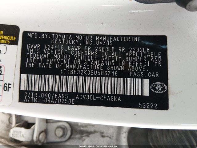 Aukcja sprzedaży 2005 Toyota Camry Xle, vin: 4T1BE32K35U586716, numer aukcji: 45139450
