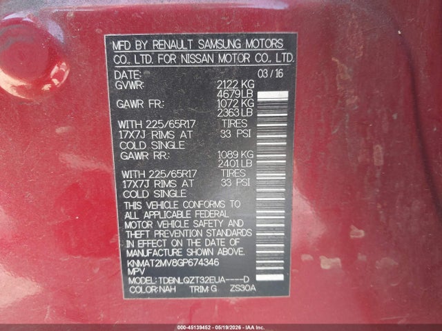 Nissan ROGUE SV 2016 KNMAT2MV8GP674346 Image 9