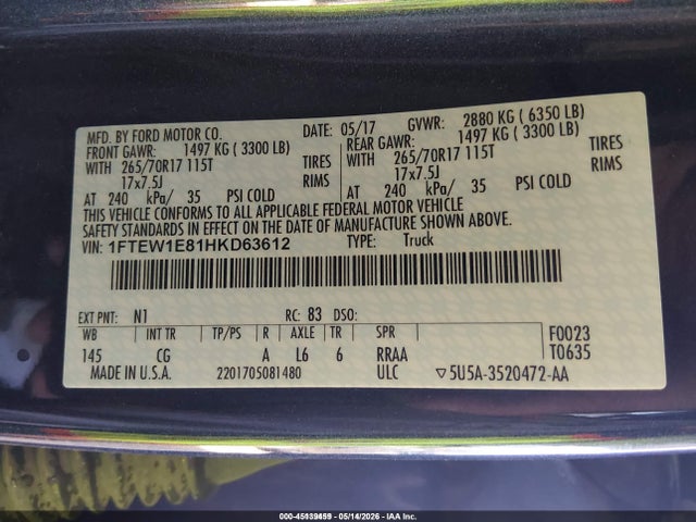 Aukcja sprzedaży 2017 Ford F-150 Xl, vin: 1FTEW1E81HKD63612, numer aukcji: 45139459