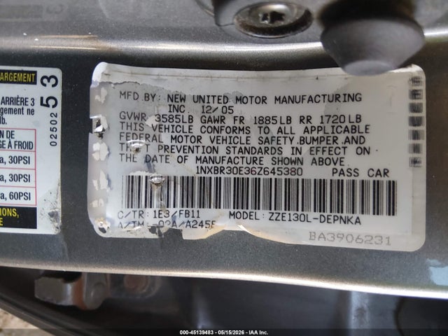 Aukcja sprzedaży 2006 Toyota Corolla Le, vin: 1NXBR30E36Z645380, numer aukcji: 45139483