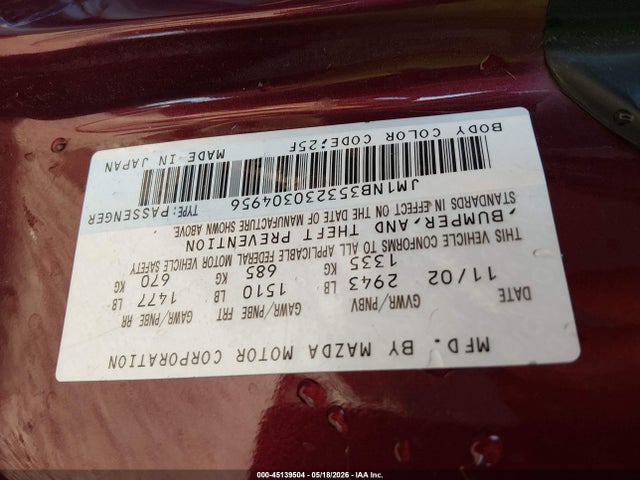Продажа на аукционе авто 2003 Mazda Mx-5 Miata Cloth/ls/se/shinsen, vin: JM1NB353230304956, номер лота: 45139504