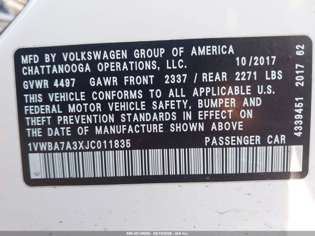 Продажа на аукционе авто 2018 Volkswagen Passat 2.0t Se, vin: 1VWBA7A3XJC011835, номер лота: 45139505