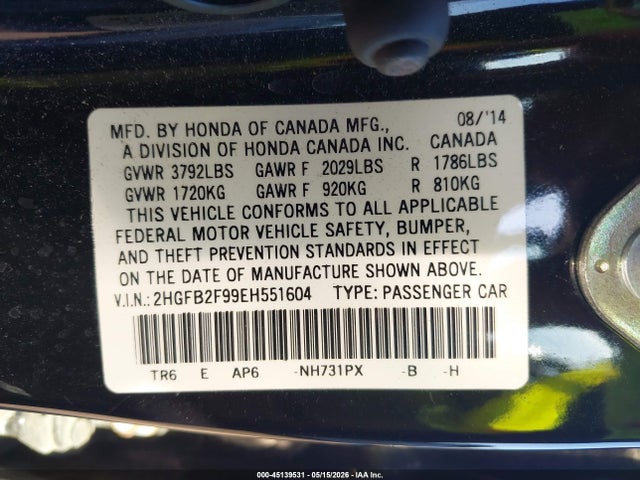 Aukcja sprzedaży 2014 Honda Civic Ex-l, vin: 2HGFB2F99EH551604, numer aukcji: 45139531