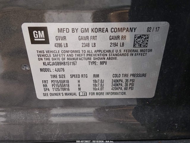 Продаж на аукціоні авто 2017 Buick Encore Preferred, vin: KL4CJASB9HB151167, номер лоту: 45139537