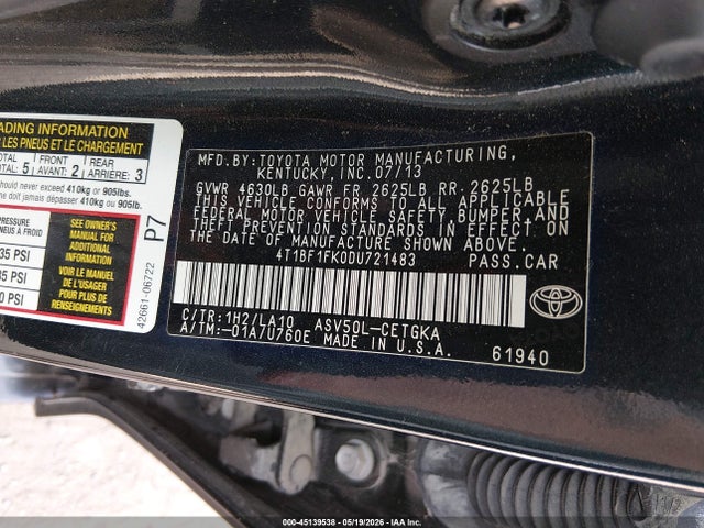 Продажа на аукционе авто 2013 Toyota Camry Xle, vin: 4T1BF1FK0DU721483, номер лота: 45139538