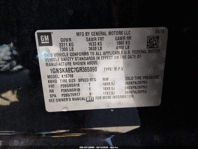 45139557 :رقم المزاد ، 1GNSKAEC7GR365090 vin ، 2016 Chevrolet Tahoe Ls مزاد بيع