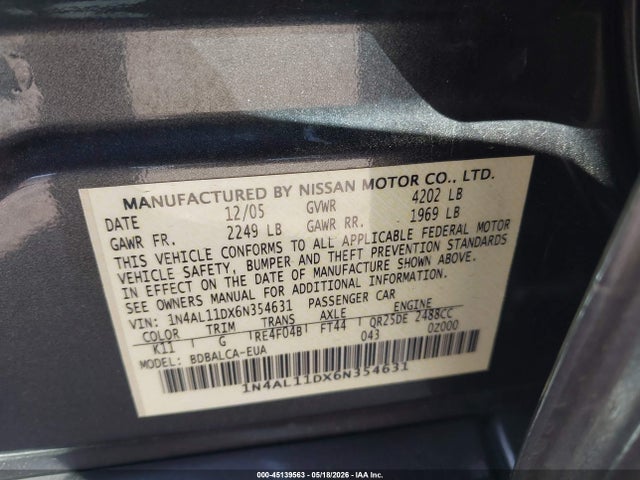 Продажа на аукционе авто 2006 Nissan Altima 2.5 S, vin: 1N4AL11DX6N354631, номер лота: 45139563