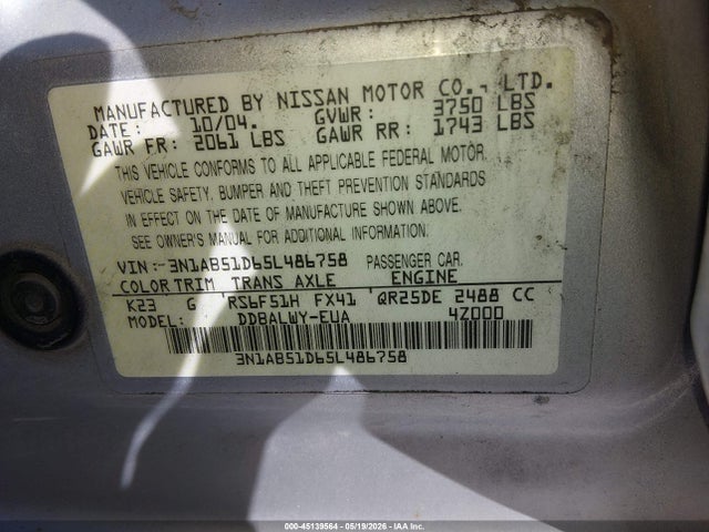 Aukcja sprzedaży 2005 Nissan Sentra, vin: 3N1AB51D65L486758, numer aukcji: 45139564