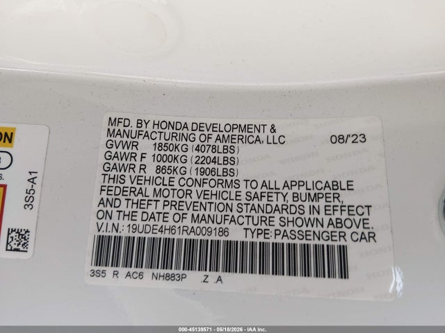 2024 Acura Integra A-spec Technology მანქანა იყიდება აუქციონზე, vin: 19UDE4H61RA009186, აუქციონის ნომერი: 45139571