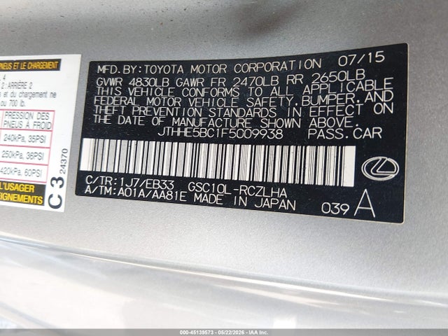 Aukcja sprzedaży 2015 Lexus Rc 350, vin: JTHHE5BC1F5009938, numer aukcji: 45139573