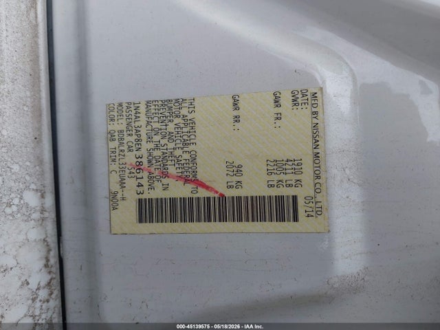 Продаж на аукціоні авто 2014 Nissan Altima 2.5 S, vin: 1N4AL3AP8EN386143, номер лоту: 45139575