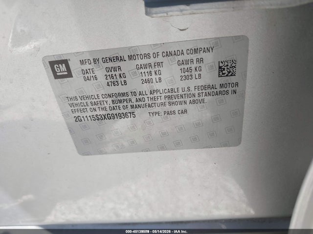 Aukcja sprzedaży 2016 Chevrolet Impala 2lt, vin: 2G1115S3XG9193675, numer aukcji: 45139579