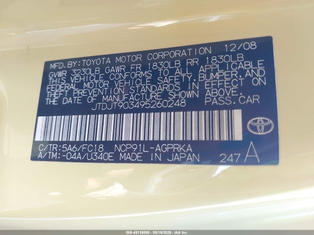 Aukcja sprzedaży 2009 Toyota Yaris, vin: JTDJT903495260248, numer aukcji: 45139598