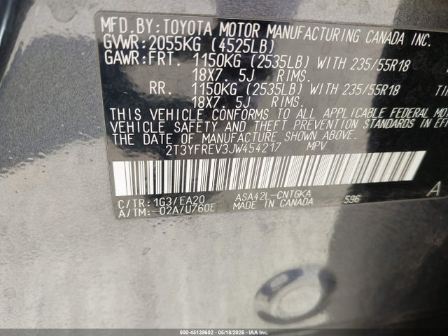 2T3YFREV3JW454217 Toyota Rav4 Limited
