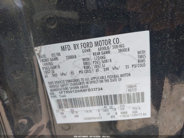 Продаж на аукціоні авто 2008 Ford F-150 60th Anniversary/fx2/xl/xlt, vin: 1FTRW12W68FB33724, номер лоту: 45139609