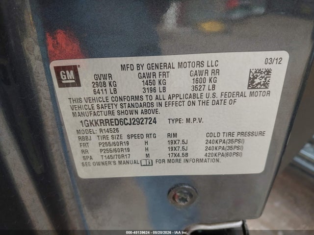 Продажа на аукционе авто 2012 Gmc Acadia Slt-1, vin: 1GKKRRED6CJ292724, номер лота: 45139624