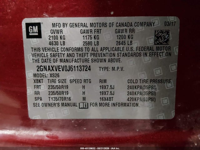 45139632 :رقم المزاد ، 2GNAXVEV0J6113724 vin ، 2018 Chevrolet Equinox Premier مزاد بيع