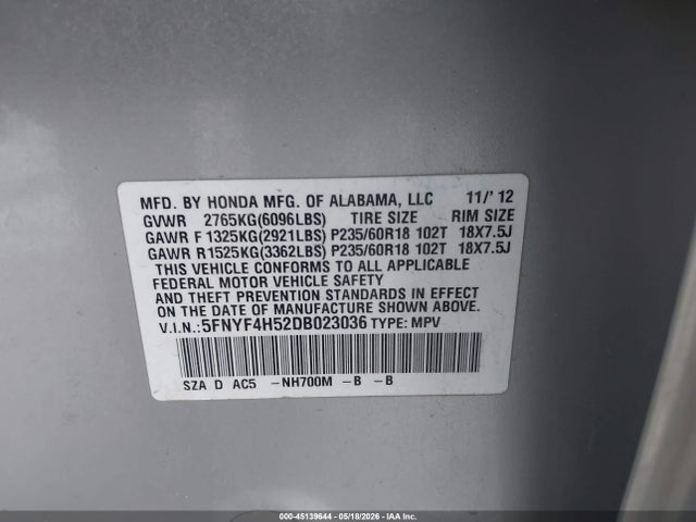 Aukcja sprzedaży 2013 Honda Pilot Ex-l, vin: 5FNYF4H52DB023036, numer aukcji: 45139644