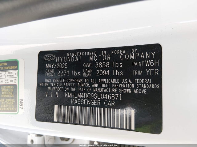 45139663 :رقم المزاد ، KMHLM4DG9SU046871 vin ، 2025 Hyundai Elantra Sel Sport مزاد بيع