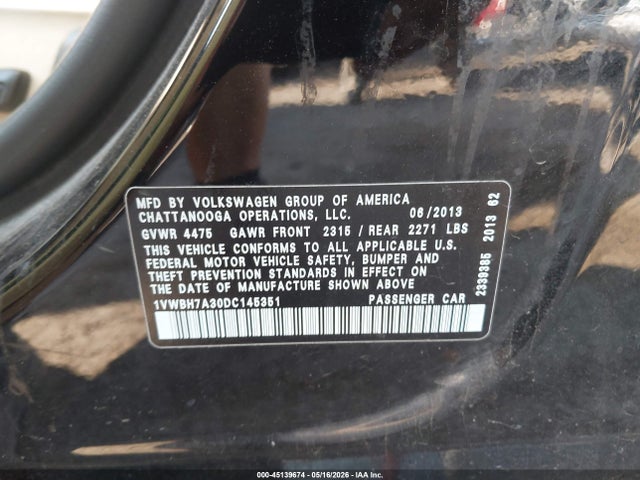45139674 :رقم المزاد ، 1VWBH7A30DC145351 vin ، 2013 Volkswagen Passat 2.5l Se مزاد بيع