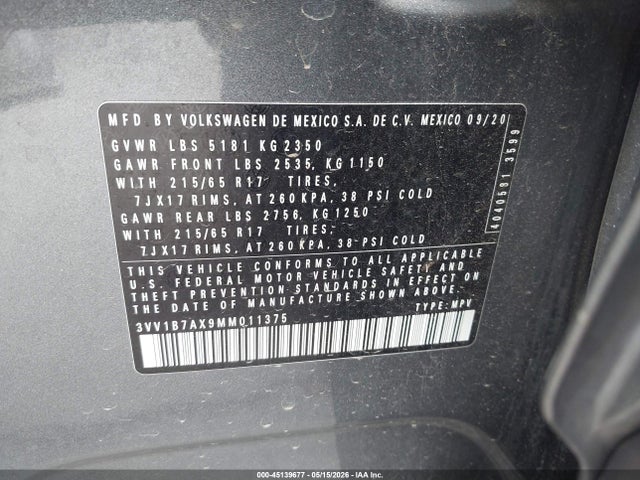 Продажа на аукционе авто 2021 Volkswagen Tiguan 2.0t S, vin: 3VV1B7AX9MM011375, номер лота: 45139677