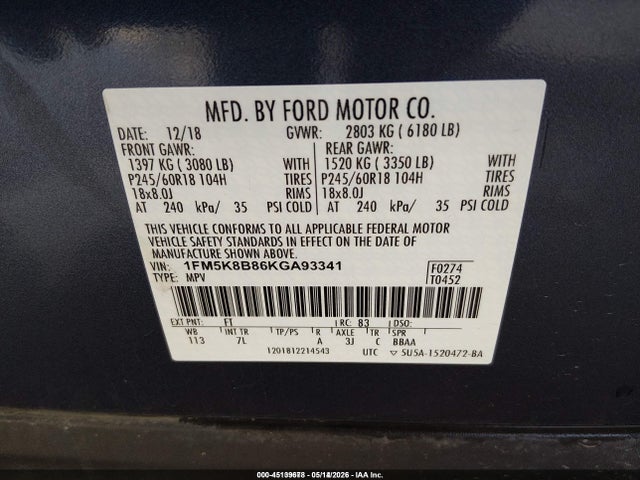 Aukcja sprzedaży 2019 Ford Explorer, vin: 1FM5K8B86KGA93341, numer aukcji: 45139678