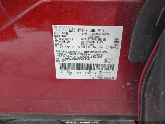 Продаж на аукціоні авто 2016 Ford Edge Titanium, vin: 2FMPK3K82GBC24548, номер лоту: 45139684