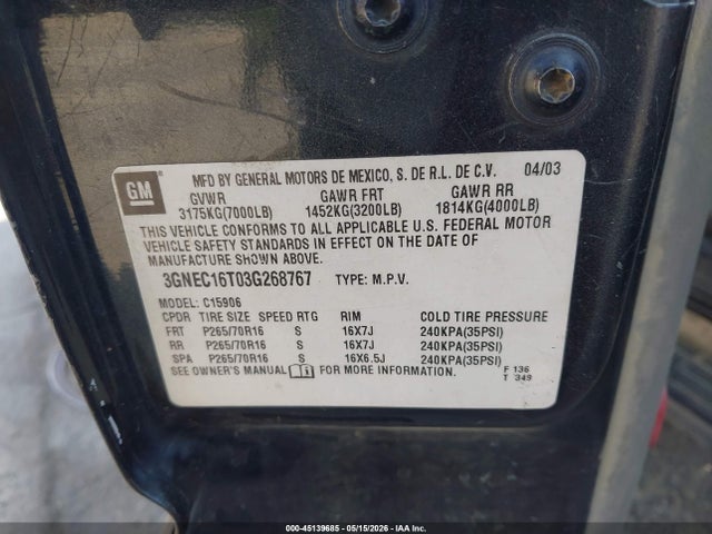 2003 Chevrolet Suburban 1500 Lt მანქანა იყიდება აუქციონზე, vin: 3GNEC16T03G268767, აუქციონის ნომერი: 45139685