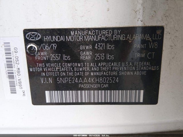 Aukcja sprzedaży 2019 Hyundai Sonata Eco, vin: 5NPE24AA4KH802524, numer aukcji: 45139696