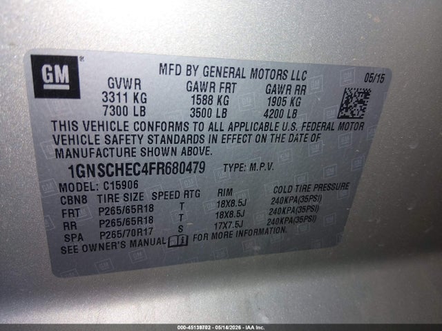 Aukcja sprzedaży 2015 Chevrolet Suburban 1500 Ls, vin: 1GNSCHEC4FR680479, numer aukcji: 45139702