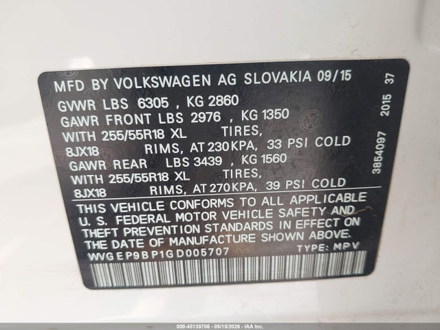 WVGEP9BP1GD005707 Volkswagen Touareg Tdi Executive/tdi Lux/tdi Sport W/technology