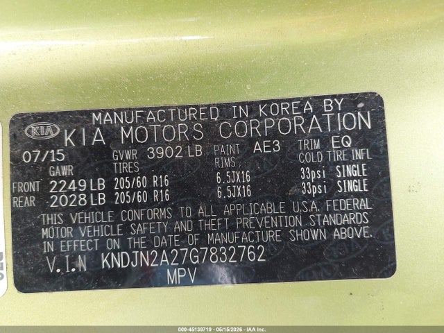 45139719 :رقم المزاد ، KNDJN2A27G7832762 vin ، 2016 Kia Soul مزاد بيع
