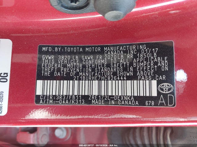 2017 Toyota Corolla Le მანქანა იყიდება აუქციონზე, vin: 2T1BURHE7HC826444, აუქციონის ნომერი: 45139727