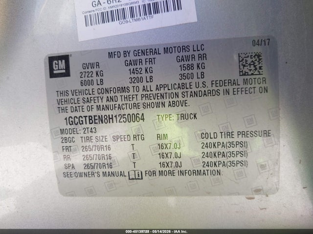 Aukcja sprzedaży 2017 Chevrolet Colorado Wt, vin: 1GCGTBEN8H1250064, numer aukcji: 45139728