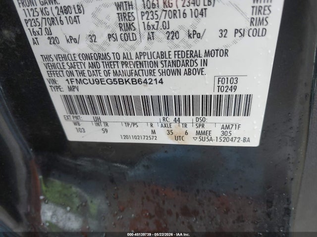 2011 Ford Escape Limited მანქანა იყიდება აუქციონზე, vin: 1FMCU9EG5BKB64214, აუქციონის ნომერი: 45139739