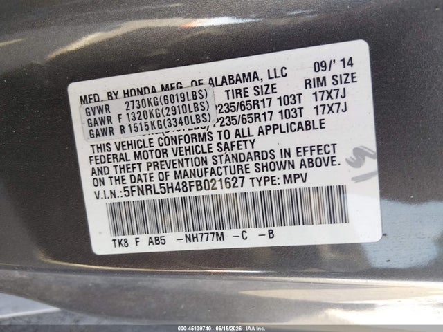 2015 Honda Odyssey Ex მანქანა იყიდება აუქციონზე, vin: 5FNRL5H48FB021627, აუქციონის ნომერი: 45139740