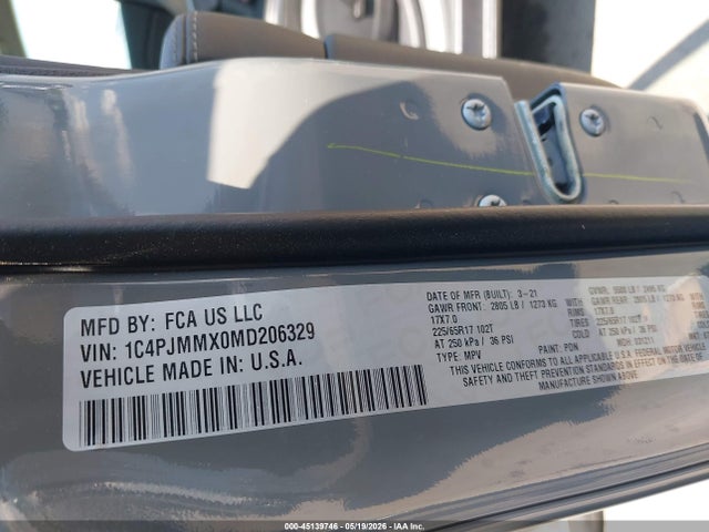 2021 Jeep Cherokee Latitude Lux 4x4 მანქანა იყიდება აუქციონზე, vin: 1C4PJMMX0MD206329, აუქციონის ნომერი: 45139746