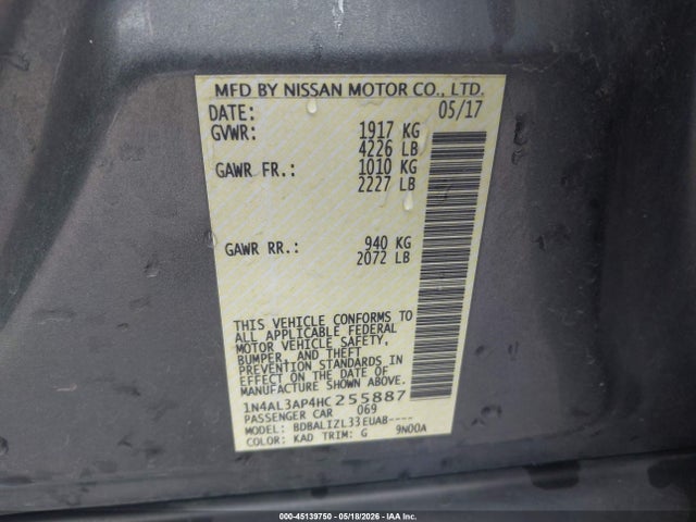 2017 Nissan Altima 2.5 Sv მანქანა იყიდება აუქციონზე, vin: 1N4AL3AP4HC255887, აუქციონის ნომერი: 45139750