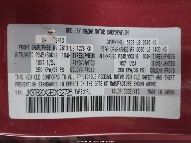 45139752 :رقم المزاد ، JM3TB2CA2E0432725 vin ، 2014 Mazda Cx-9 Touring مزاد بيع